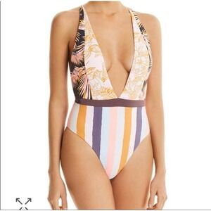 Maaji Rainbow Jungle Plunge Abstract Stripe Tropical One Piece Swimsuit Size S